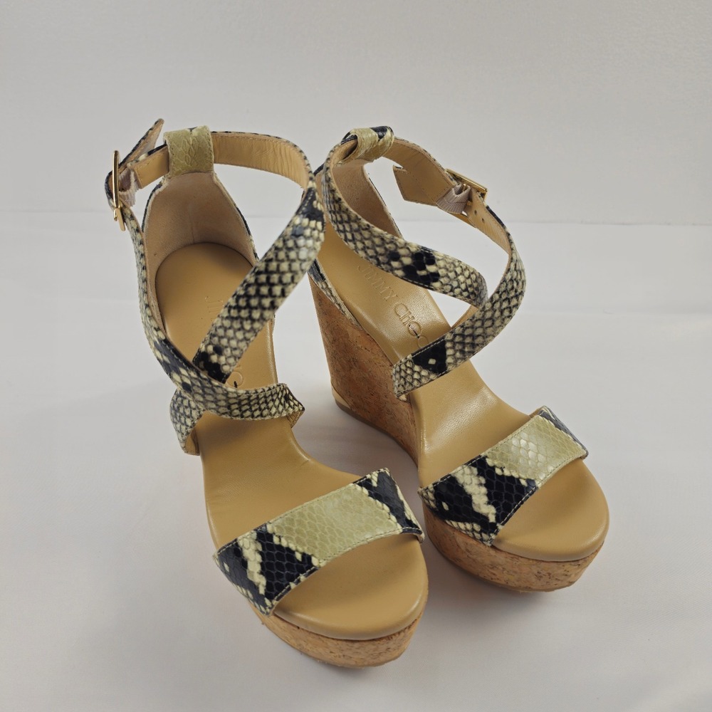 Jimmy Choo Cork Wedge Snake Skin Pattern Ankle Strap Cream Size US 4.5 EU 34